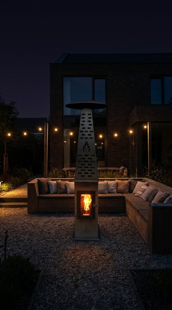Nordheat buitenhaard brandt 's avonds in de tuin, met lichtslingers op de achtergrond